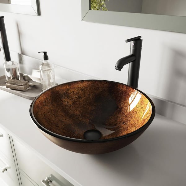 VIGO Glass Round Vessel Bathroom Sink in Russet Brown with Seville Faucet and Pop-Up Drain in Matte Black
