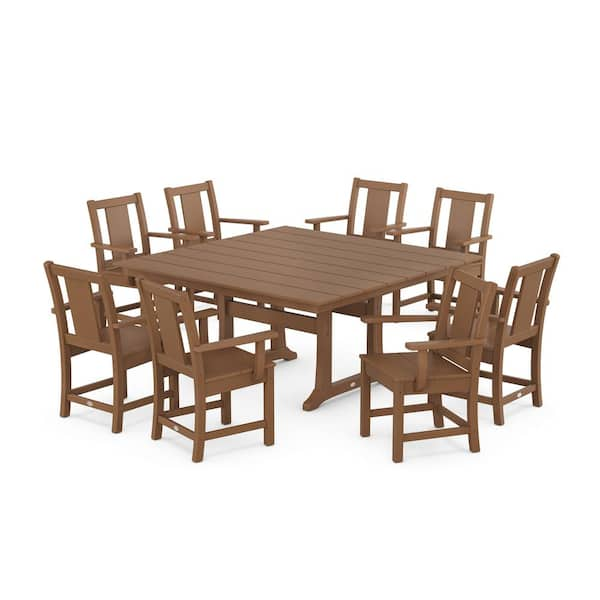 POLYWOOD 9-Piece Prairie Farmhouse Trestle Plastic Square Outdoor Dining Set in Teak