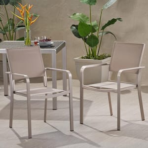 Cape Coral Silver Aluminum Outdoor Patio Dining Chair in Taupe (2-Pack)
