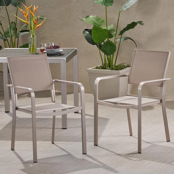 Noble House Cape Coral Silver Aluminum Outdoor Patio Dining Chair in Taupe (2-Pack)