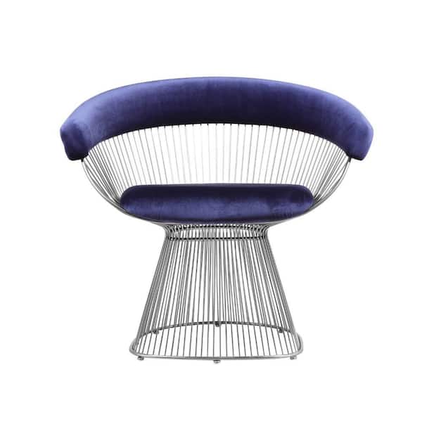 Navy Blue and Chrome Velvet Armchair with Wire Cage Base