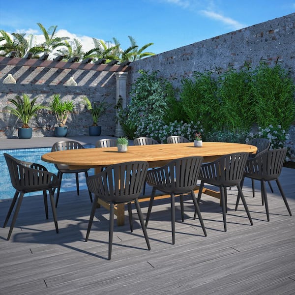 Amazonia RiRi Black 11-Piece Eucalyptus Wood a Aluminum Patio Rectangular Outdoors Dining Table Set Ideal