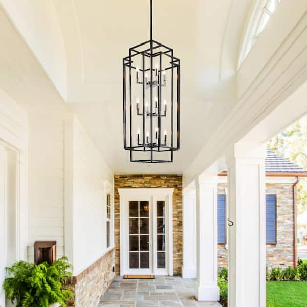 Magic Home 12-Light Black Antique Nickel Lantern Tiered Foyer Hanging Ceiling Chandelier for Dining Room Living Room