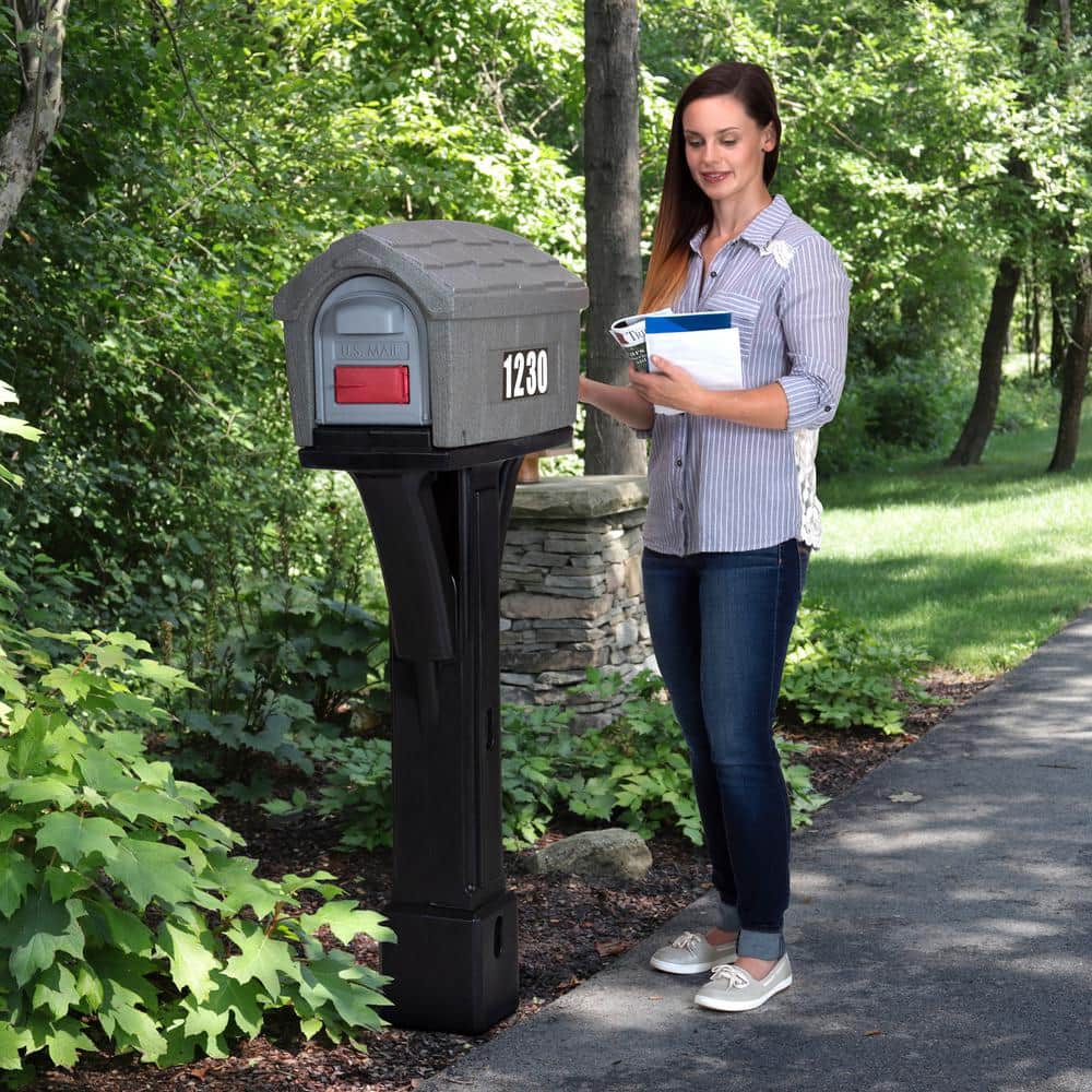 Classic Gray Stone and Black Plastic Mailbox with Post