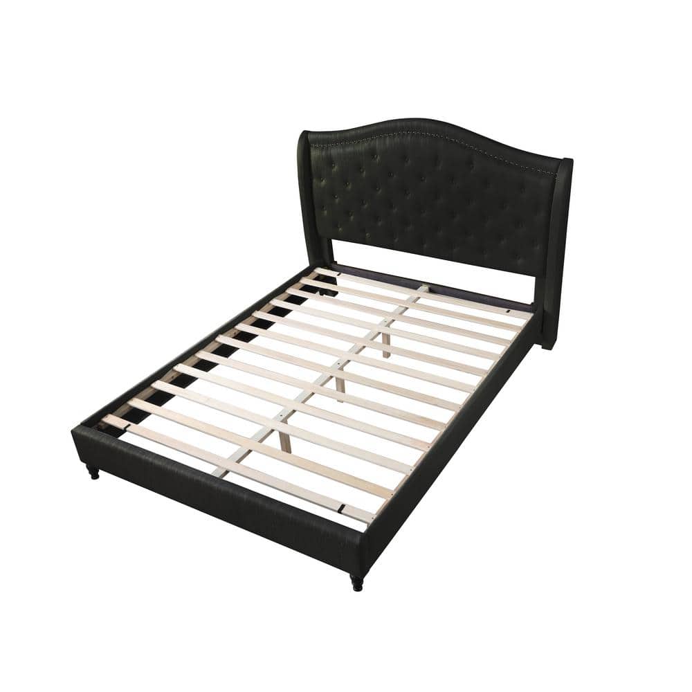 Luxurious Pine Queen Platform Bed with Tufted Upholstery and Nailhead Trim