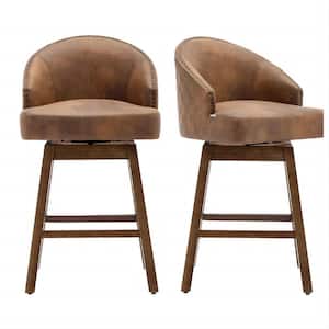 28.35 in. Contemporary Coffee Microfiber Counter-Height Swivel Bar Stool with Wood Legs( Set of 2)