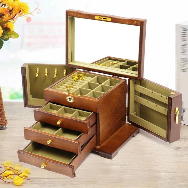 6 Layer Wooden Jewelry Boxes With Carved Flowers Lids Antique Foldable Storage 