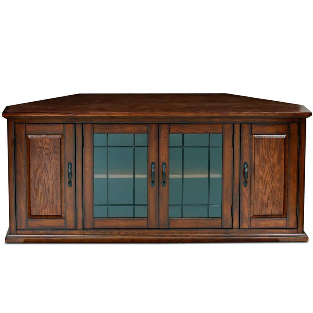 Burnished Oak Corner TV Stand with Blackened Metal Handles