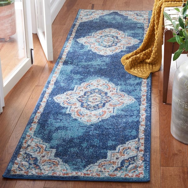 Phoenix 2 ft. x 8 ft. Navy/Ivory Medallion Ornate Distressed Runner Rug