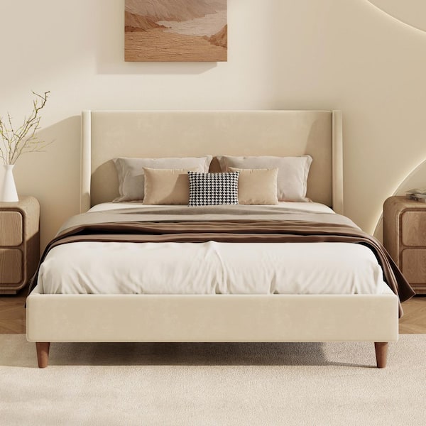 Finbar Beige Wood MDF Frame King Size Velvet Upholstered Platform Bed with Wingback Headboard, Walnut Wooden Legs, Cream