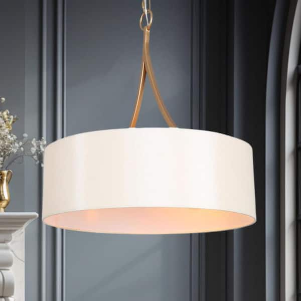 Zevni 3-Light Modern Dark Gold Pendant Light, Farmhouse Chandelier with Drum Fabric Shade, White Island Pendant Hanging Light