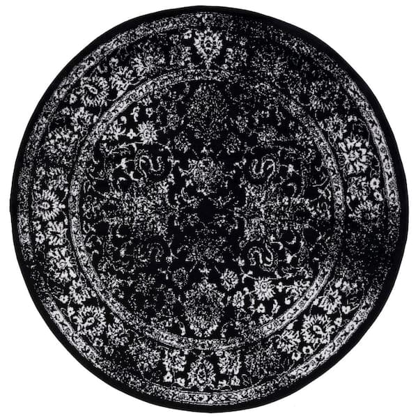 Adirondack Black/Ivory 4 ft. x 4 ft. Border Distressed Round Area Rug