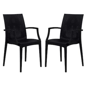 Black Mace Modern Stackable Plastic Weave Design Indoor Outdoor Dining Chair with Arms (Set of 2)