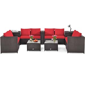 8-Piece Wicker Patio Conversation Seating Sectional Set with Storage Box &Coffee Table and Red Cushions
