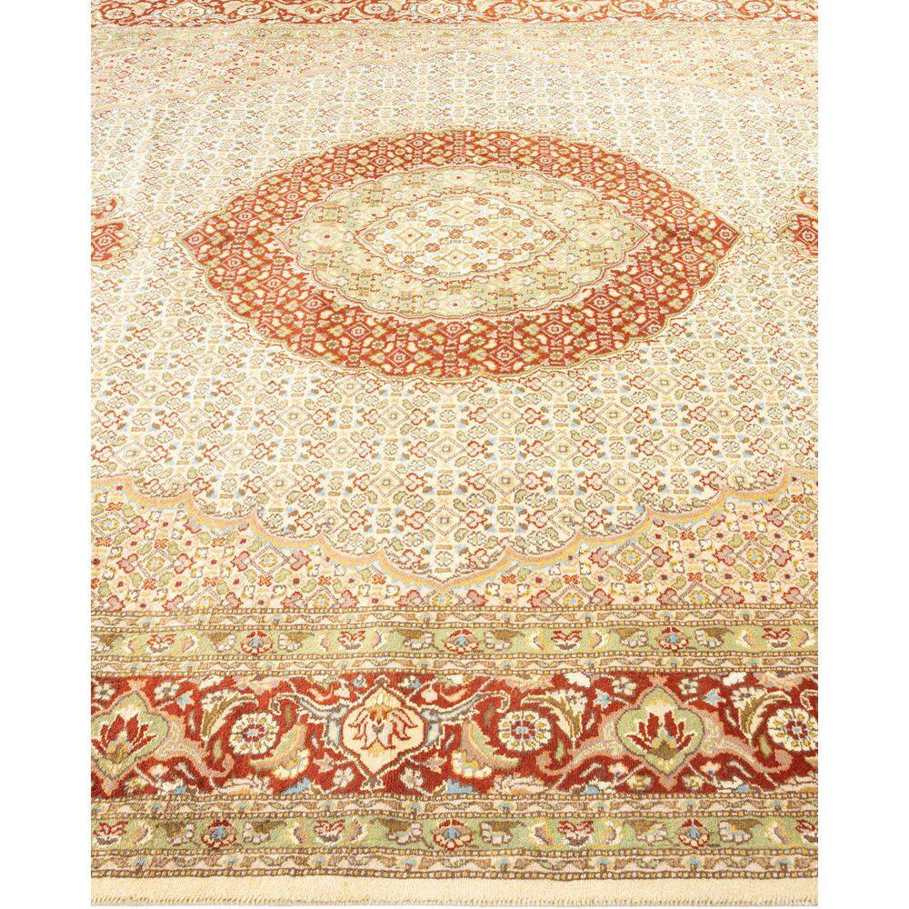 Ivory and Red Hand-Knotted Wool 8' x 10' Oriental Rug
