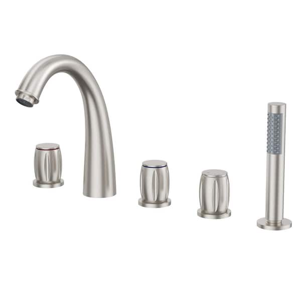 3-Handle Deck-Mount Roman Tub Faucet with Handheld Shower in Brushed Nickel