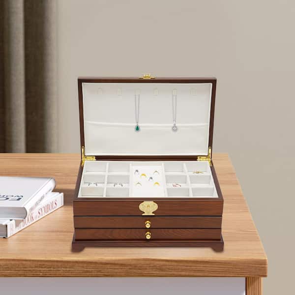 YIYIBYUS 14.5 in. x 5.7 in. 3-Layer Dark Brown Jewelry Organizer Box for  Storage Earrings Rings Necklace Bracelet FSLMSG5PWDZJ8 - The Home Depot