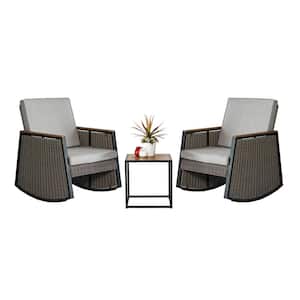 Madrid Gray 3-Piece Wicker Steel Outdoor Rocking Chat Set with Gray Cushions