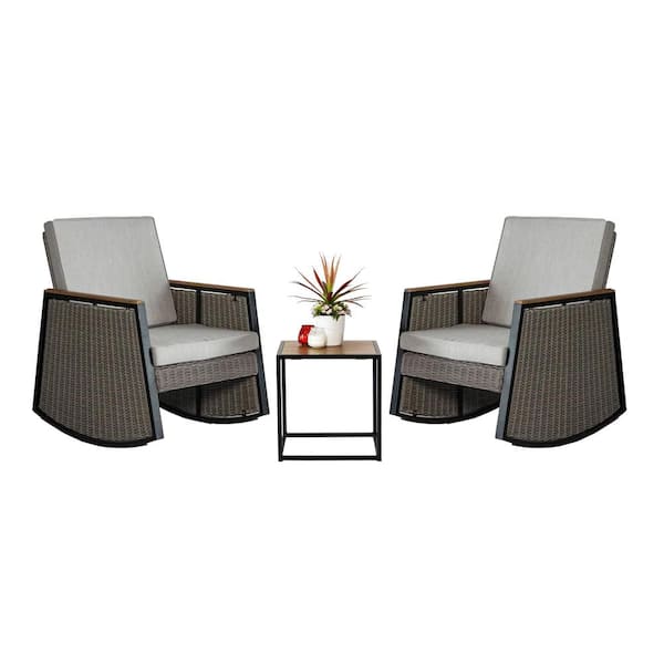 MADE 4 HOME Madrid Gray 3-Piece Wicker Steel Outdoor Rocking Chat Set with Gray Cushions