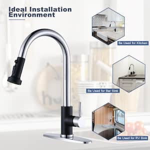 Henassor Single Handle Pull-Down Sprayer Kitchen Faucet with Deck Plate in Chrome and Black