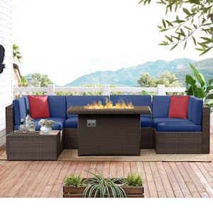 Brown 8-Pcs Wicker Patio Fire Pit Sectional Seating Set with Blue Cushions 44 in. Fire Pit Coffee Table and Cover