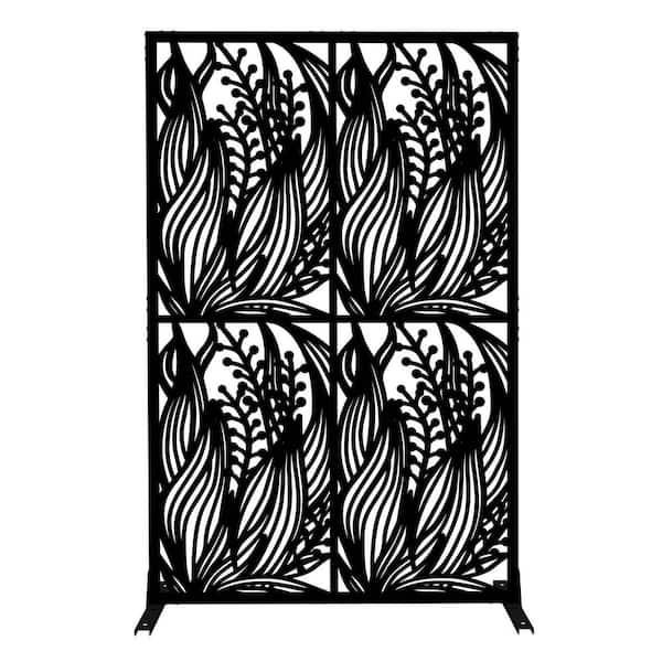 Leaf Pattern 74 in. Black Metal Freestanding Garden Fence Privacy Screen for Indoor and Outdoor Use
