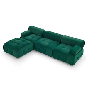 4-Pcs Modern Solid Wood Velvet L Shaped Button Tufted Modular Sectional Sofa in. Green