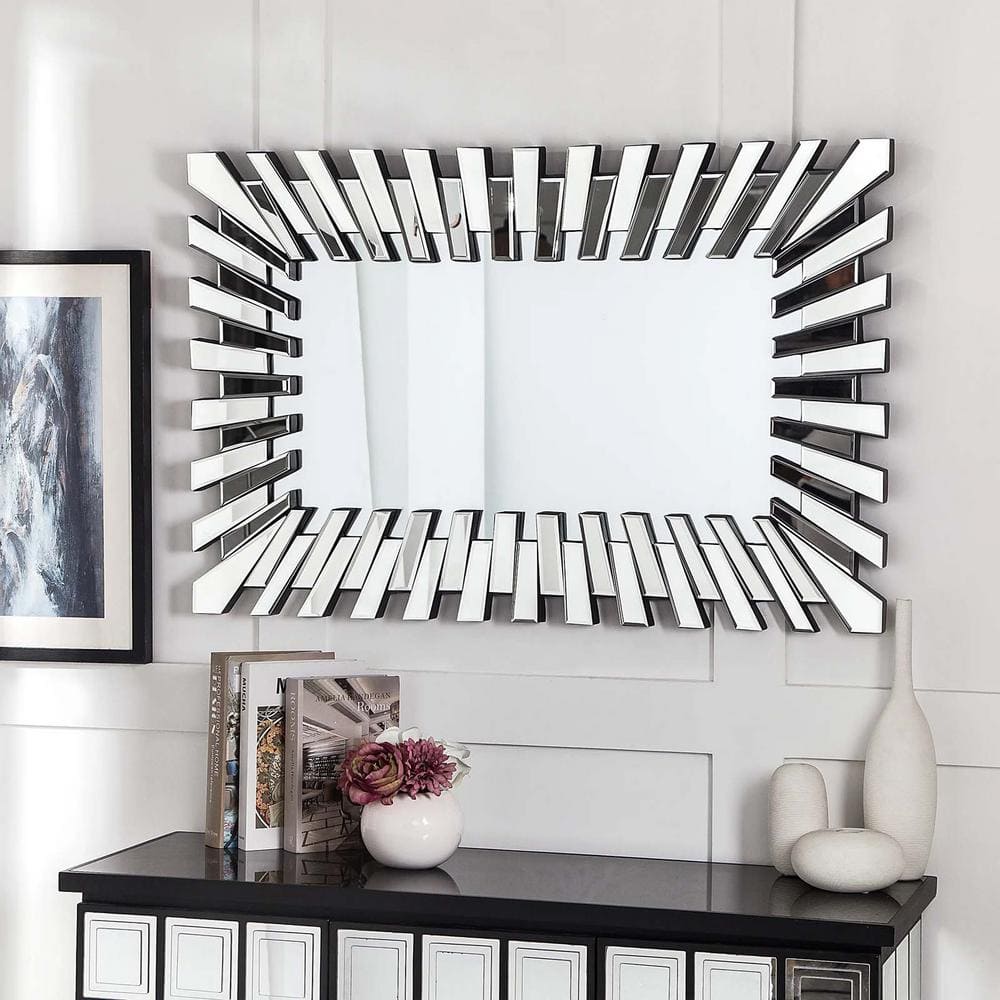 Silver 40 in. W x 26 in. H Rectangle Decorative Wall Mirror Modern Sunburst