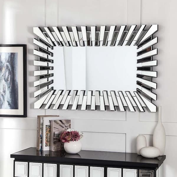 Unbranded Silver 40 in. W x 26 in. H Rectangle Decorative Wall Mirror Modern Sunburst Wall-Mounted Mirror for Home Decor
