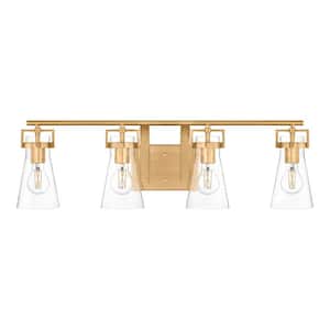 Clermont 30.75 in. 4-Light Satin Brass Bathroom Vanity Light with Seeded Glass Shades