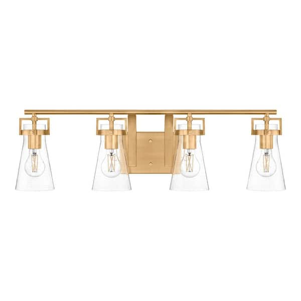 Clermont 30.75 in. 4-Light Satin Brass Bathroom Vanity Light with Seeded Glass Shades