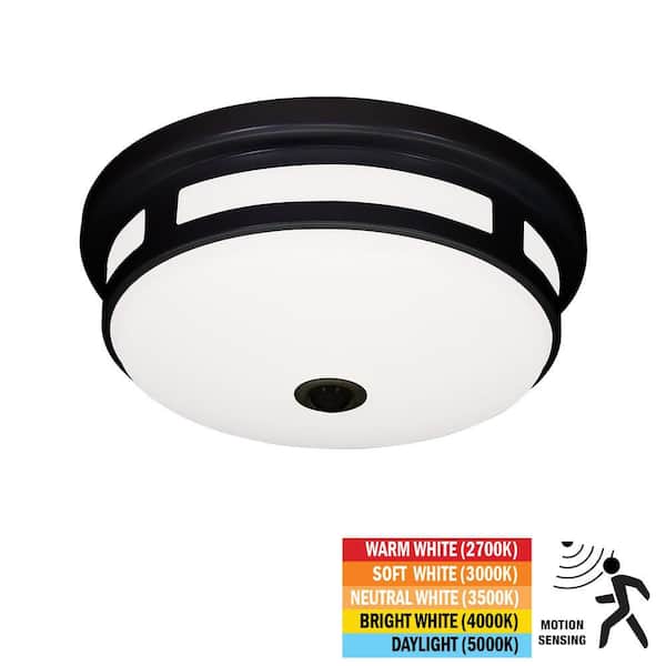 Hampton Bay 11 in. Round Black Exterior Outdoor Motion Sensing LED Ceiling Light 5 Color Temperature Options Wet Rated 830 Lumens