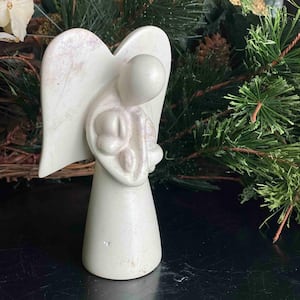 Angel Holding Dog Soapstone Sculpture in Cream, Natural Stone
