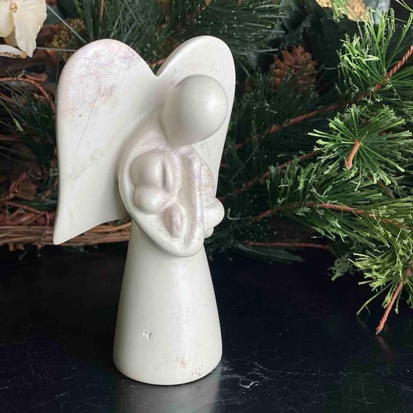 Global Crafts Angel Holding Dog Soapstone Sculpture in Cream, Natural Stone