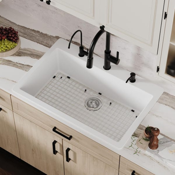 33 in. Large Single Bowl Drop-In Kitchen Sink in White with Bottom Grid and Strainer