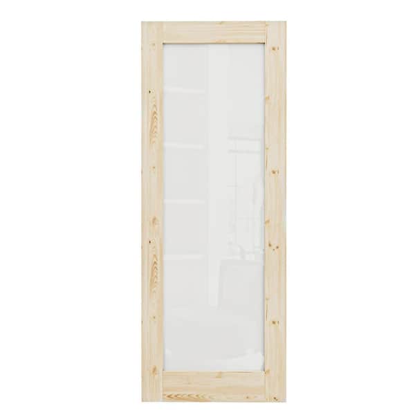32 in. x 96 in. 1-Lite Unfinished Solid Core Pine Wood Tempered Frosted Glass Interior Door Slab