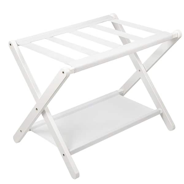 White Bamboo Luggage Rack w/ Storage Shelf for Guest Room, Bedroon and Hotel Holds up to 131 lbs. Fit Most Luggage Size
