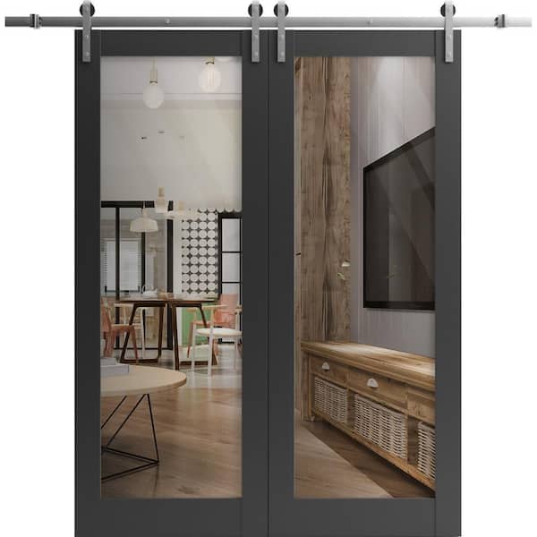 32 in. x 96 in. 2 Panel Clear Glass Black Matte Solid Wood Sliding Barn Door with Hardware Kit