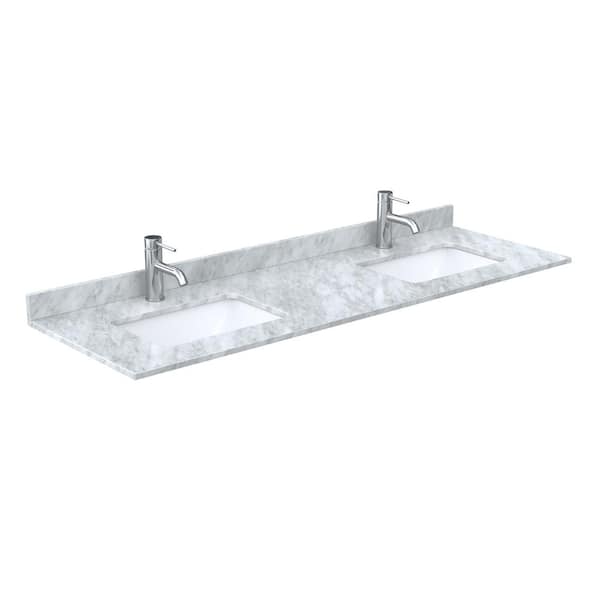 66 in. W x 22 in. D Marble White Rectangular Double Sink Bathroom Vanity Top in White Carrara