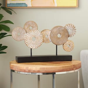 Beige Metal Overlapping Circle Floral Sculpture with Black Metal Stand and Gold Details