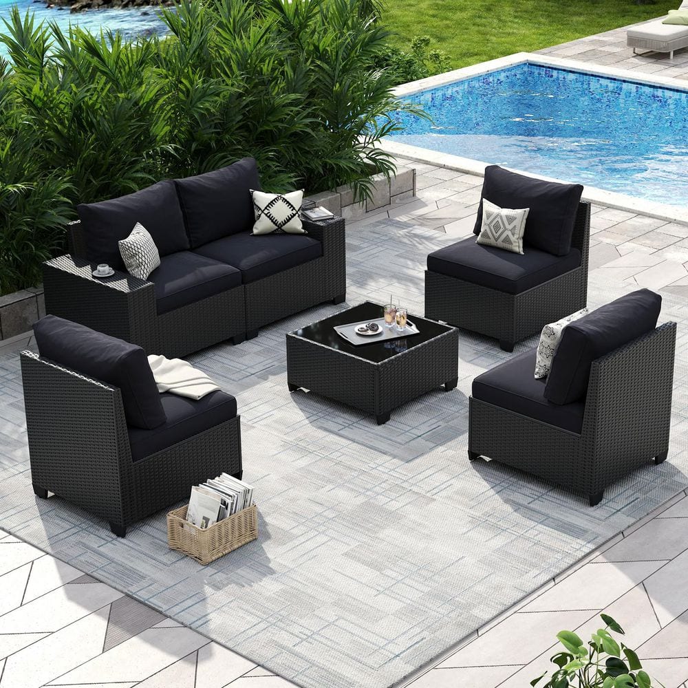 Sizzim Black 6-Piece Patio Wicker Outdoor Patio Conversation Set