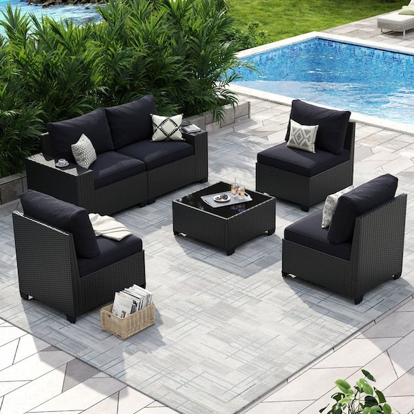 Sizzim Black 6-Piece Patio Wicker Outdoor Patio Conversation Set