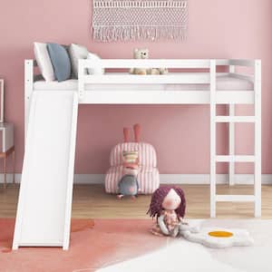 White Full Size Low House Loft Bed with Convertible Slide and Ladder, Wooden Full Kids Loft Bed Frame with House Roof