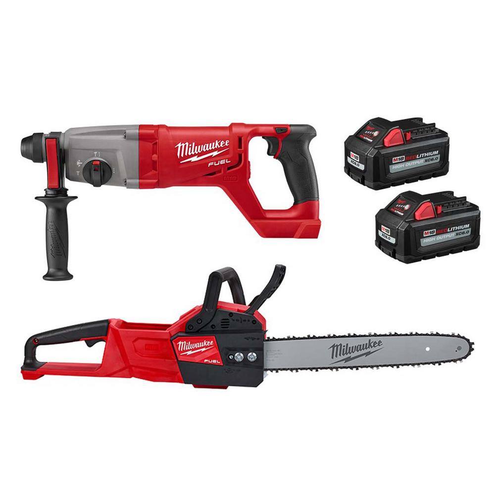 Milwaukee M18 FUEL 18V Lithium-Ion Brushless Cordless 1 in. SDS-Plus R Hammer w/16 in. 18V FUEL Chainsaw, Two 6Ah HO Batteries -  2713-2727-1862