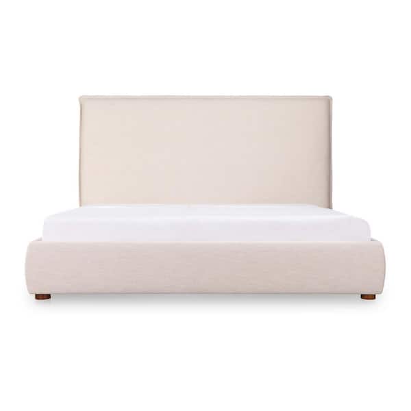 Keaton Beige Solid Pine Frame King Platform Bed with Linen Blend Upholstery and Tall Foam Headboard