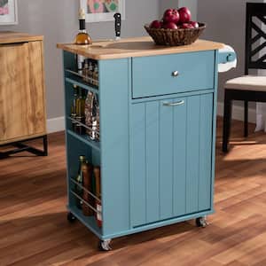 Liona Blue Kitchen Cart with Natural Wood Top