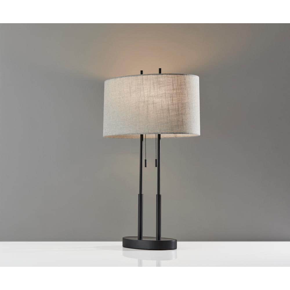 Antique Bronze Dual-Pull Chain Desk Lamp with Taupe Textured Shade