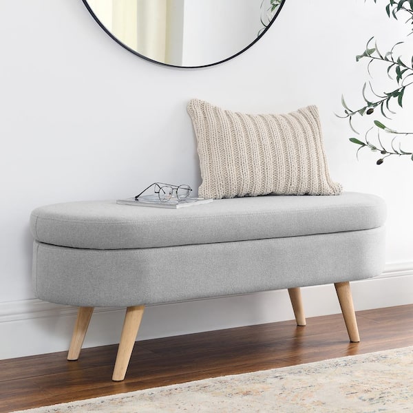 Noble House Carla Grey Modern Linen Upholstered Oval Storage Ottoman Bench, Rubberwood Legs