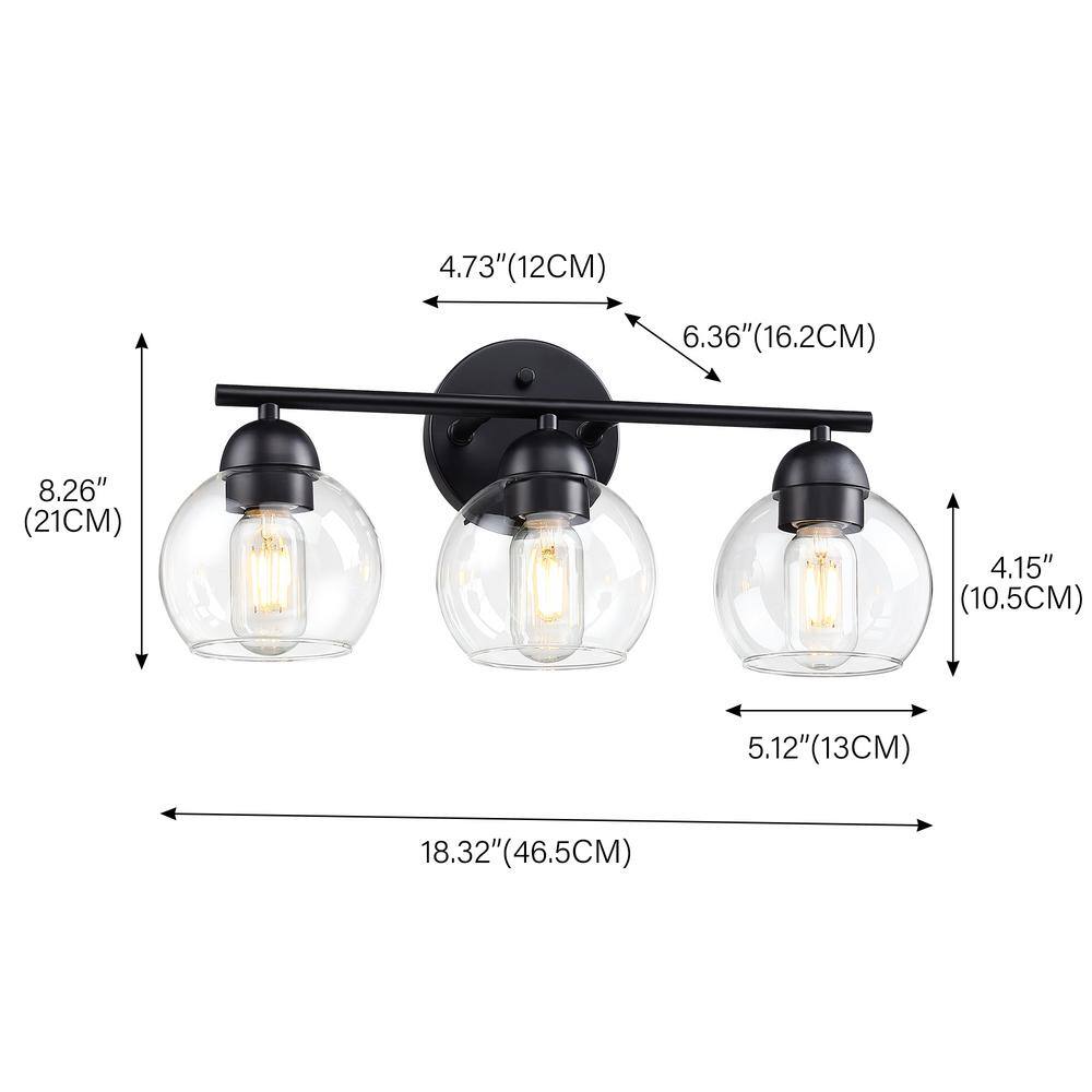 Black Metal 3-Light Dimmable Vanity Light with Clear Glass Shades