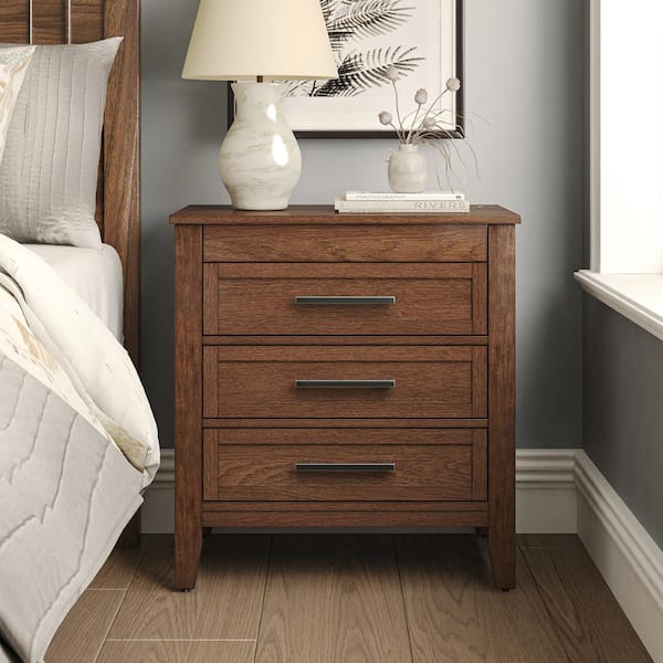 Teodoro Walnut 28 in. W Transitional 3-Drawer Nightstand with Built-in Power Outlet